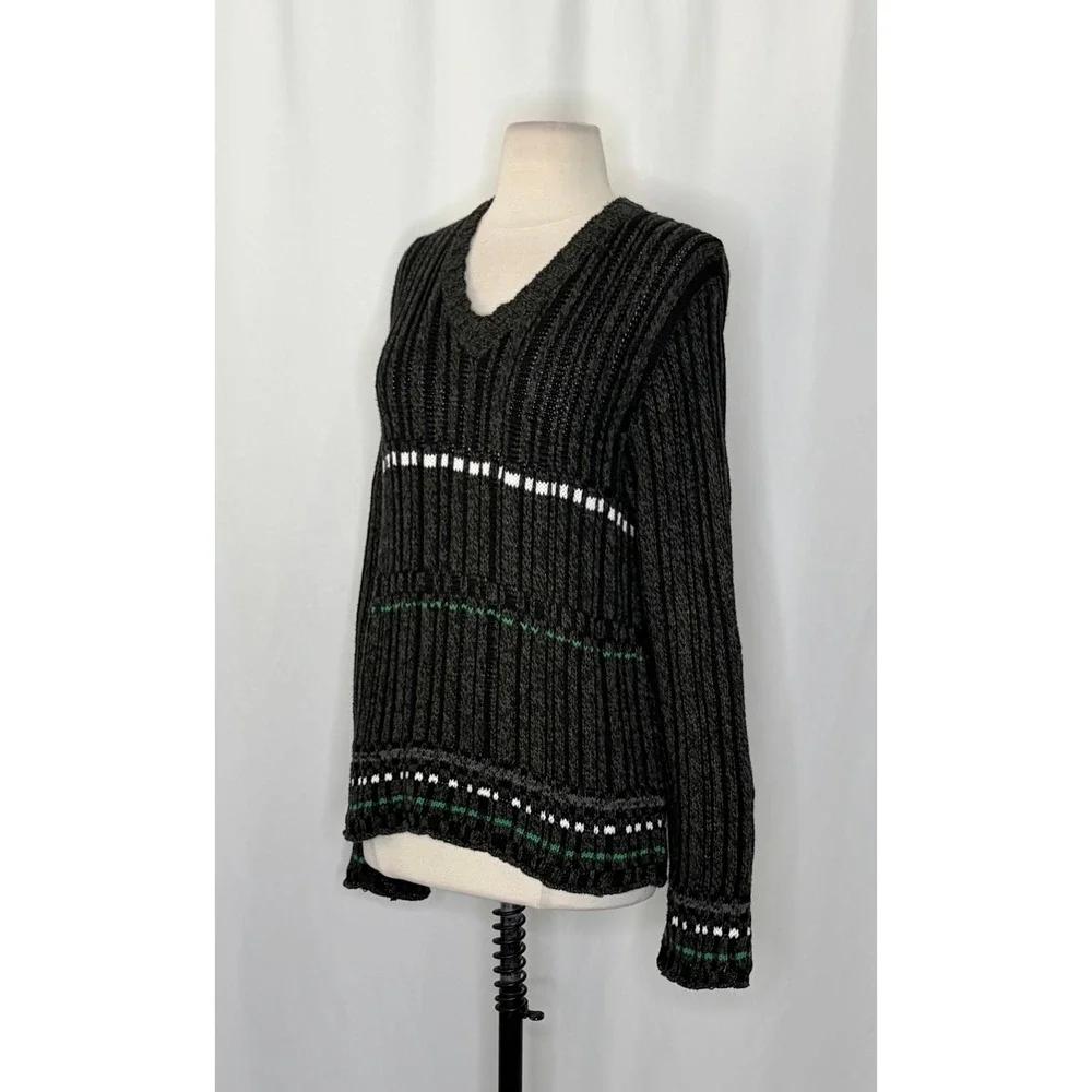DRIES‎ VAN NOTEN Green Striped Pullover Knit Sweater V Neck Medium